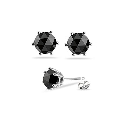 2.50 Cts 6.59-6.88 mm AAA Round Rose Cut Black Diamond Stud Earrings in 18K White Gold {DIAMOND APPRAISAL INCLUDED}