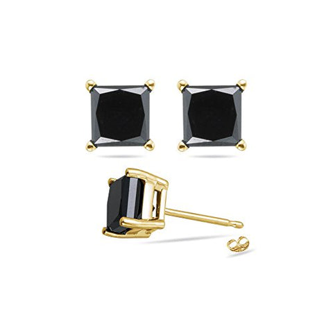 1/9 (0.10-0.13) Cts of 2.00-2.50 mm AA Princess Black Diamond Stud Earrings in 14K Yellow Gold