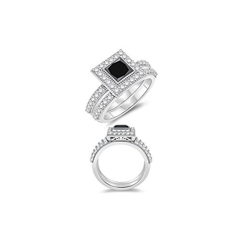 1.32-1.60 Cts Black & White Diamond Matching Ring Set in 14K White Gold-7.0