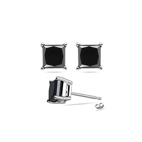 2.95-3.44 Cts of 5.50-5.80 mm AAA Princess Black Diamond Stud Earrings in 14K White Gold {DIAMOND APPRAISAL INCLUDED}