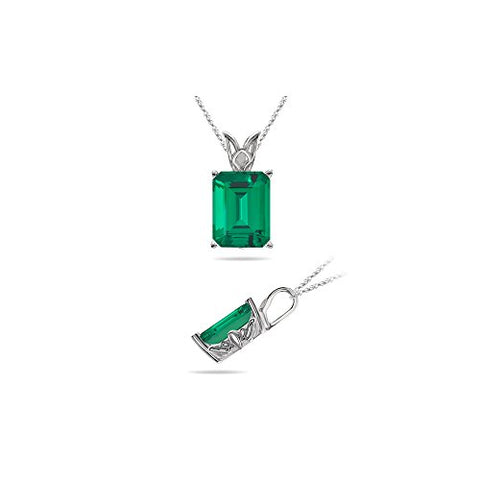 1.49 Cts of 8x6 mm AAA Emerald Cut Lab Created Emerald Scroll Solitaire Pendant in 14K White Gold