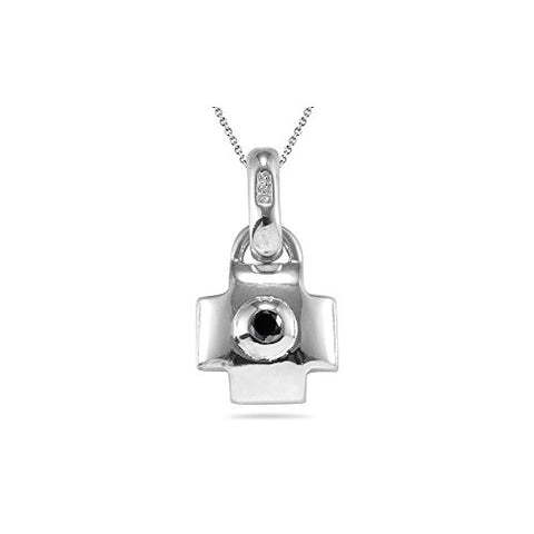0.13 Ct 1.3 mm AA Round Black Diamond Solitaire Lock Pendant in Silver