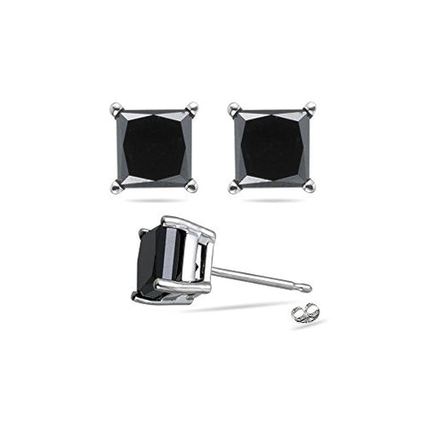 1/9 (0.10-0.13) Cts of 2.00-2.50 mm AA Princess Black Diamond Stud Earrings in 14K White Gold-Screw Backs