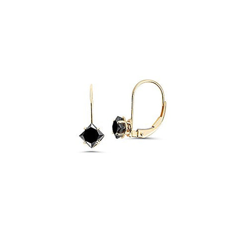 1.25-1.50 Cts Princess AAA Black Diamond Lever Back Stud Earrings in 14K Yellow Gold