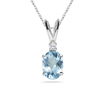 0.02 Cts Diamond & 0.32-0.47 Cts of 6x4 mm AA Oval Aquamarine Pendant 18K White Gold