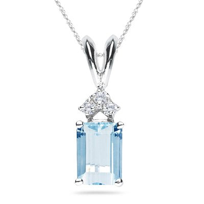 0.03 Cts Diamond & 0.80 Cts of 7x5 mm AA Emerald Aquamarine Pendant in 14K White Gold