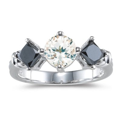 2.10 Cts Black Diamond & AAA White Sapphire Three Stone Ring 14KW Gold