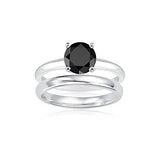 2.00 Cts Black Diamond Engagement and Plain Wedding (3mm comfort fit) Ring Set in Sterling Silver