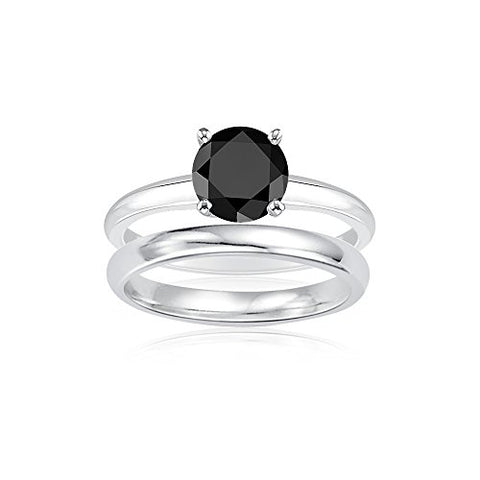 2.00 Cts Black Diamond Engagement and Plain Wedding (3mm comfort fit) Ring Set in Sterling Silver