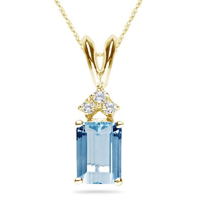 0.03 Cts Diamond & 0.80 Cts of 7x5 mm AAA Emerald Aquamarine Pendant in 14K Yellow Gold