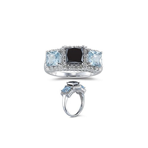 1.83 Ct Black & White Diamond, 1.30 Ct AA Aquamarine Ring- 14K White Gold