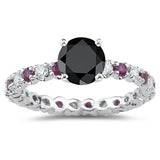 2.00 Cts Black & White Diamond & 0.45 Cts Ruby Ring in 14K White Gold