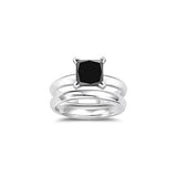 3.00 Cts Princess Cut Black Diamond Engagement and Plain Wedding (3mm comfort fit) Ring Set in Sterling Silver