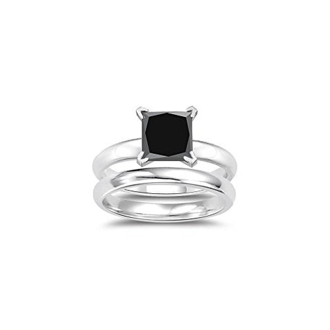 2.50 Cts Princess Cut Black Diamond Engagement and Plain Wedding (3mm comfort fit) Ring Set in Sterling Silver