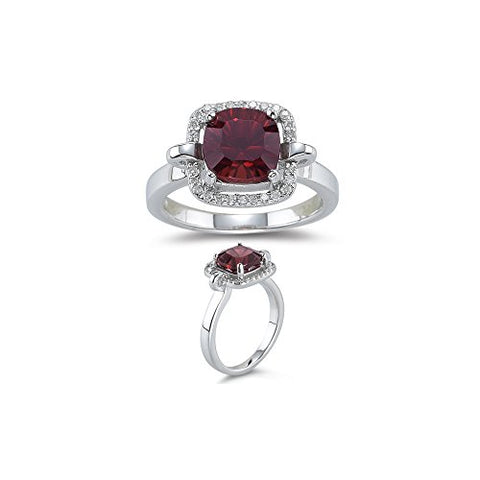 2.95 Ct Diamond & 8mm AAA Cushion Concave Garnet Ring in 14K White Gold