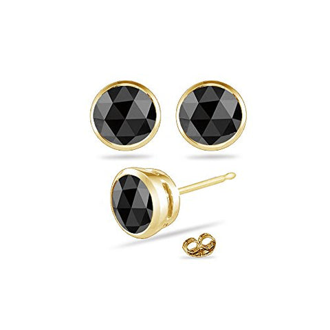 1 Cts of 4.5 mm AA Round Rose Cut Black Diamond Stud Earrings in 14K Yellow Gold