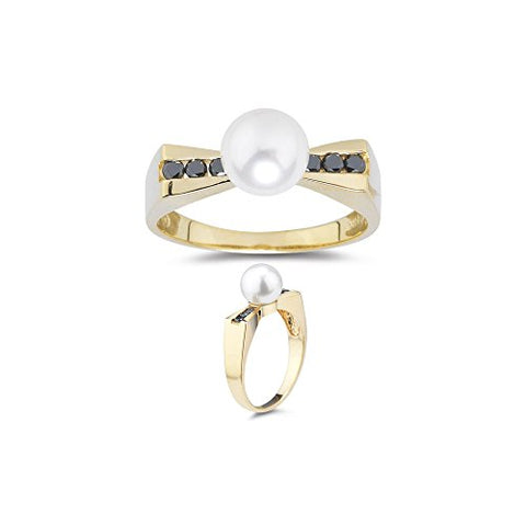 0.16 Cts Black Diamond & 7 mm Cultured Pearl Ring in 14K Yellow Gold-7.0