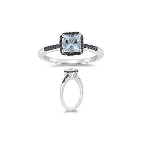 0.20 Cts Black Diamond & 0.85 Cts AA Aquamarine Ring in 10K White Gold