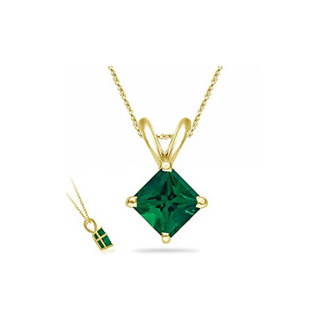 1.42-1.69 Cts of 7 mm AAA Princess Russian Lab Created Emerald Solitaire Pendant in 14K Yellow Gold
