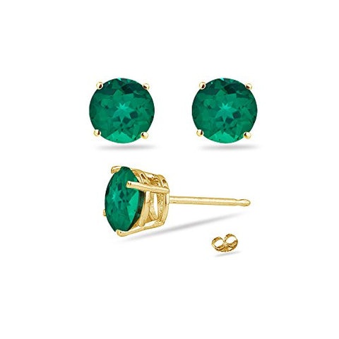 0.20-0.23 Cts of 3 mm AAA Round Russian Lab Created Emerald Stud Earrings in 14K Yellow Gold
