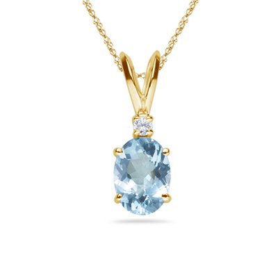 0.02 Cts Diamond & 1.10 Cts of 8x6 mm AA Oval Aquamarine Pendant in 14K Yellow Gold