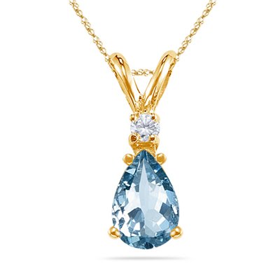 0.03 Cts Diamond & 1.65 Cts of 10x7 mm AAA Pear Aquamarine Pendant in 14K Yellow Gold