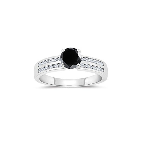 1.48-1.87 Cts White & Round Black Diamond Engagement Ring with Channel Set Side-Stones in 14K White Gold-7.0