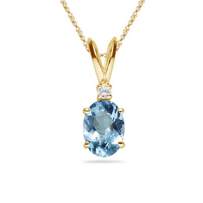 0.03 Cts Diamond & 1.75 Cts of 9x7 mm AAA Oval Aquamarine Pendant in 14K Yellow Gold