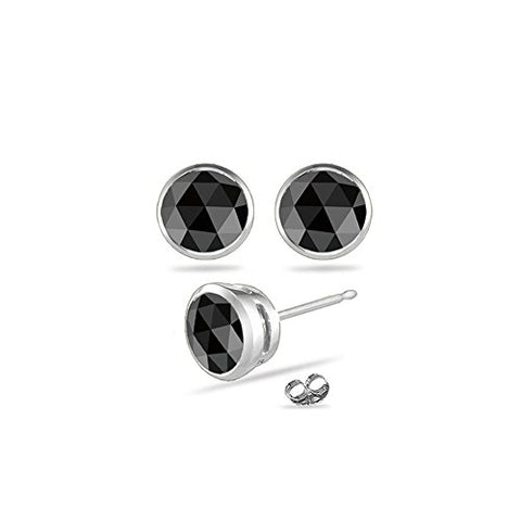 4.00 Cts 7 mm AAA Round Rose Cut Black Diamond Stud Earrings in 14K White Gold {DIAMOND APPRAISAL INCLUDED}-Screw Backs