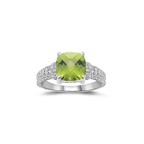 0.04 Ct Diamond & 2.04 Ct 8 mm AAA Cush-Check Peridot Ring in 14KW Gold