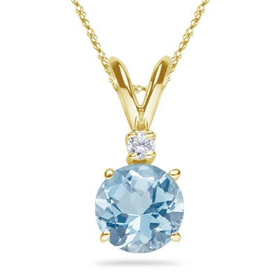 0.03 Cts Diamond & 0.42 Cts of 5 mm AA Round Aquamarine Pendant in 14K Yellow Gold