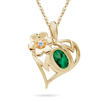 Mom Pendant - Diamond & Natural Emerald Mom Pendant in 14K Gold