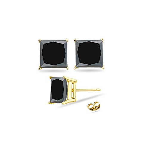 1/4 (0.21-0.27) Cts of 2.00-2.50 mm AA Princess Black Diamond Stud Earrings in 14K Yellow Gold