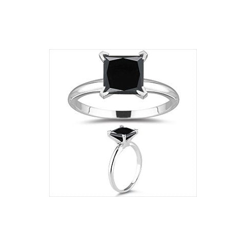 1.00 Ct 4.55-7.20 mm AA Princess Black Diamond Solitaire Ring in 14K White Gold {DIAMOND APPRAISAL INCLUDED}