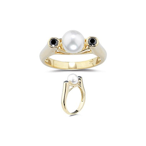 0.21 Cts Black Diamond & 7 mm Cultured Pearl Ring in 14K Yellow Gold-7.0