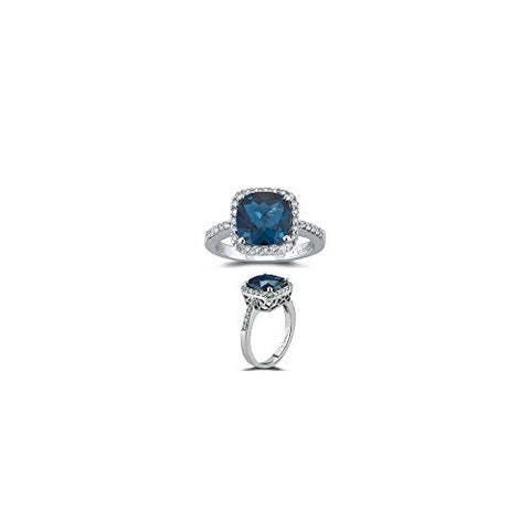 2.45 Cts Diamond & 8 mm AAA Cush Check London Blue Topaz Ring in 14KW