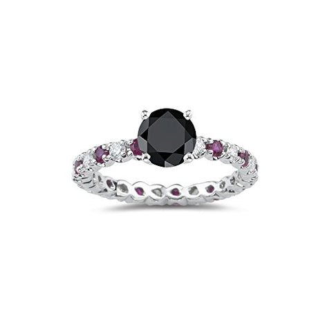2.00 Cts Black & White Diamond & 0.45 Cts Ruby Ring in 14K White Gold